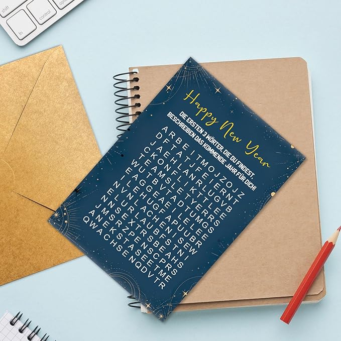 (5.3x8in) Happy New Year Word Search Card in German, Interactive Puzzle Greeting for Friends, Family, Coworkers, Fun Game Style Holiday Card, Unique New Year Activity Gift with Envelope (Xmas 40)