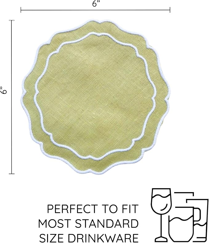 Drink Coasters Set of 6, 6x6 inch, Absorbent Linen Drink Mats with Scalloped Edge, Reusable Handmade Coffee Coasters for Home Decor & Tabletop Protection & Gift Giving (Oliver)