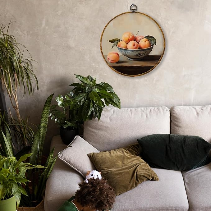 Hiuwevt Vintage Moody Peach Round Wall Art Decor, Dark Academia Peach Framed Canvas Prints, Farmhouse Rustic Fruit Round Wall Hanging Decor for Kitchen Dining Room Decorations, 10x10 Inches