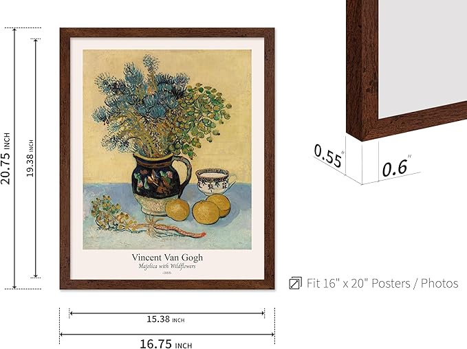 Monem Art Vintage Van Gogh Poster - Retro Majolica with Wildflowers Print - Impressionism Art - Flower Art - Fine Art - Classic Painting Art - Floral Living Room Decor - 16x20 Brown Framed