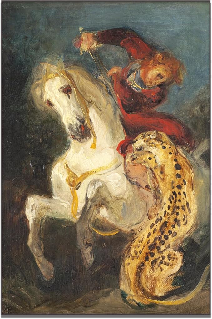 Eugene Delacroix Canvas Wall Art Rider Attacked By A Jaguar Poster Famous Master Oil Painting Print Room Aesthetic Decor Home Office Classroom Wall Decor Unframed(8x12in/20x30cm)