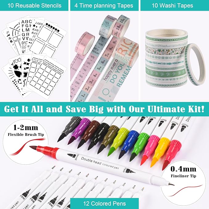 Bullet Dotted Journal Kit, 140gsm Hardcover A5 Dotted Journal with 188 Numbered Pages and 3 Index, 12 Brush Pens Dual Tip, 10 Stencils and 14 Washi Tape for Women Men Teen Girls, Teal