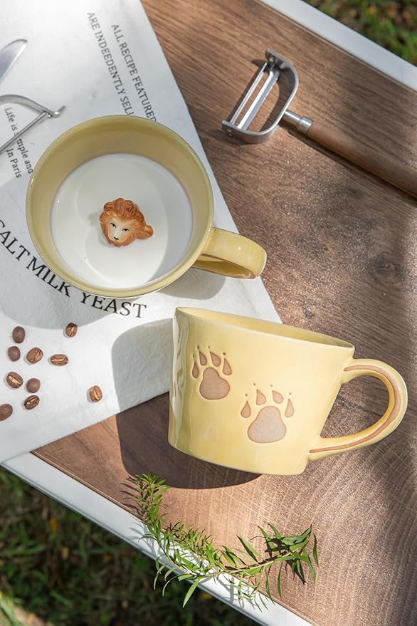 DIHOclub Lion Coffee Mug Ceramic 3D Wild Animal Inside Cup,Cute Cartoon Handmade Figurine Mugs,Holiday and Birthday Gift for Coffee Milk Tea Lovers,12 OZ (Yellow Lion)