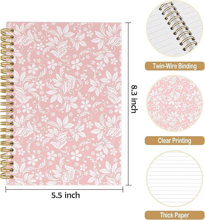 Vintage Flower Pink Journal Notebook - Aesthetic Botanical Floral Notebooks College Ruled for Work School, Gifts for Women Coworker, Office Supplies, Hardcover Spiral Notebook 5.5"x8.3"