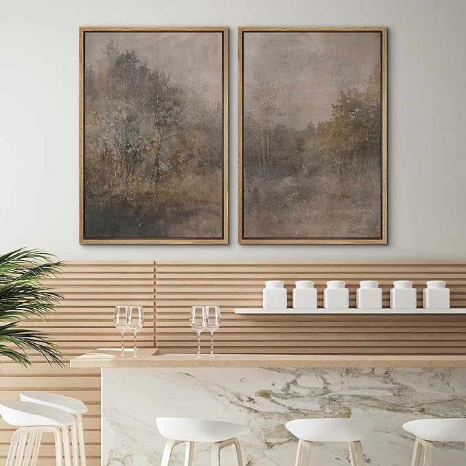 SIGNWIN Framed Canvas Print Wall Art Set Misty Forest Landscape Neutral Woodland Nature Illustrations Modern Art Scenic Colorful for Living Room, Bedroom, Office - 16"x24"x2 Natural