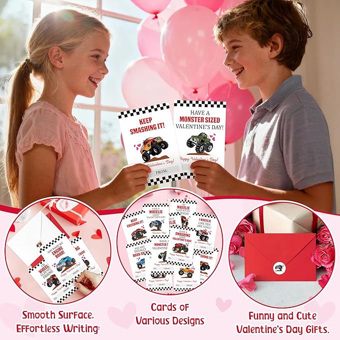 TICIAGA 72pcs Valentine’s Day Monster Truck Greeting Cards with Envelop and Sticker for Kid, 4 x 6 IN Monster Truck Notecard Exchange Gift for Boy Girl School Classroom Supply, Valentines Party Favor
