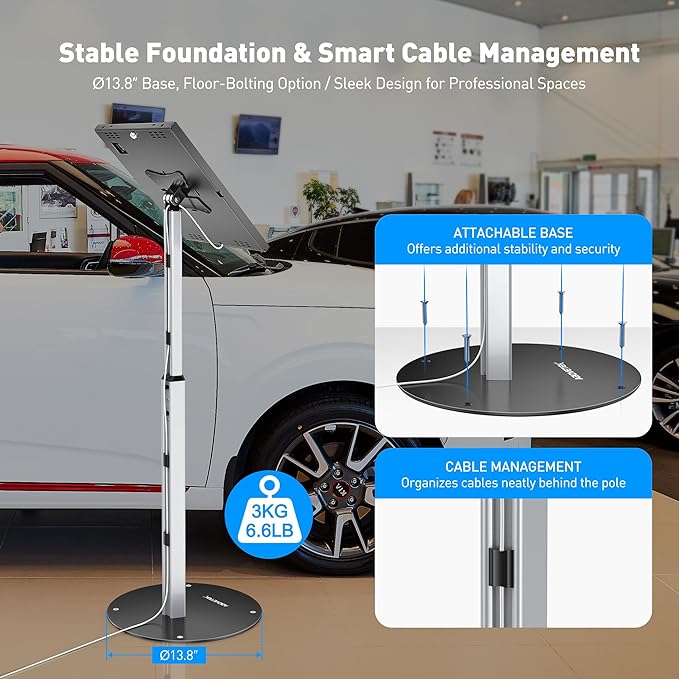 AboveTEK Anti-Theft iPad Floor Stand Kiosk, Height Adjustable Tablet Stand with Locking Enclosure, Heavy-Duty Floor Tablet Stand for 12.9–13" iPad Pro/Air & 12.4" Galaxy Tab S, Retail & POS Use