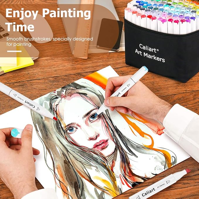 Caliart Alcohol Based Markers, 180 Colors Art Marker Set Fine & Chisel Dual Tip, Permanent Colored Pens for Adults Coloring Book Artists Illustration Sketch Lettering Drawing Cards Planner