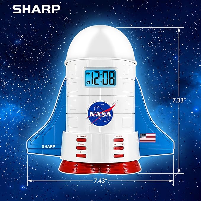 Sharp NASA Space Shuttle Night Light Alarm Clock – Wings and Booster Lights Up – Space Design Nightlight Fun with 4 Color Options and 2 Space Themes for Bedroom, Great Gift!