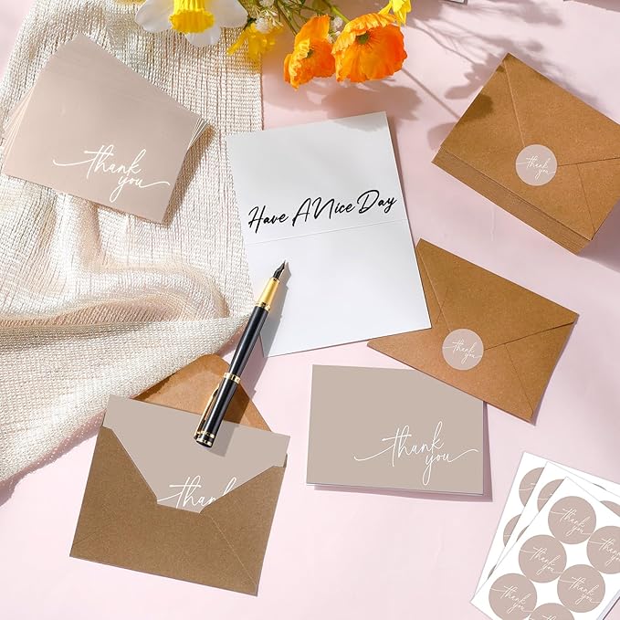 Gueevin 200 Pcs Thank You Cards with Kraft Envelopes and Stickers Bulk, 3.5 x 5 Inch Classy Blank Thank You Notes for Wedding, Business, Graduation, Baby Shower, Bridal Shower, Funeral (Khaki)