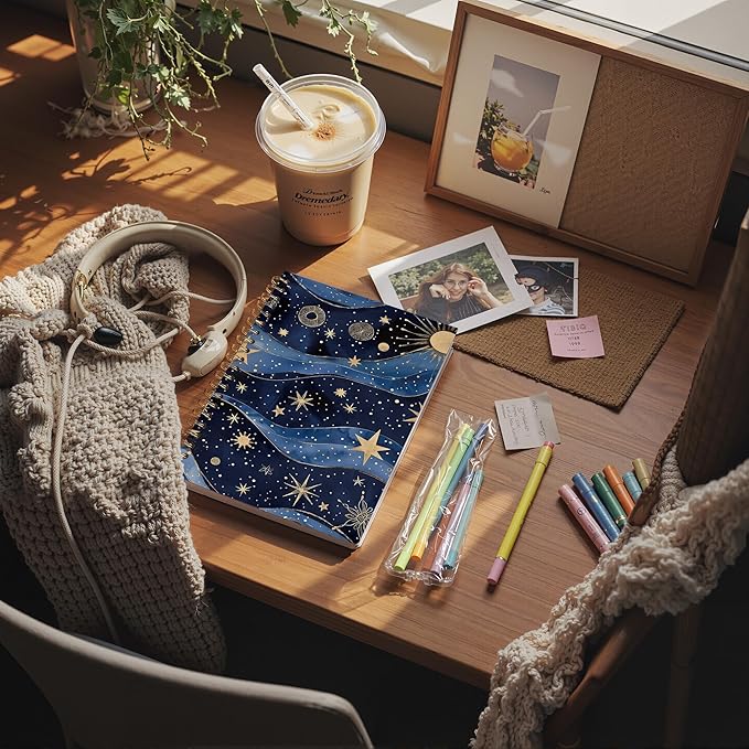 Fantasy Starry Night Sky Space Notebook, Blue and Gold Celestial Sun Star Galaxy Journal, Spiral Notebook Journal, 5.5x8.3 Inch