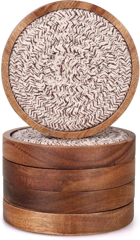 Best Absorbent Wooden Coasters Set of 5 Mixed Brown Woven Coaster Modern 4 Inches Acacia Wood Coasters for Drinks, Coffee Table Decor, Farmhouse, Bar, Office, Beer, Kitchen, Dining Room, Outdoor, Desk