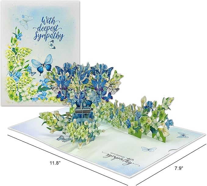 Sympathy 3D Pop-Up Card Hydrangea Flowers and Butterflies, Handmade Paper Condolence Card with Notecard and Envelope, Large Pop Up Greeting Card for Loss of Loved One, Mother, Father, Friend