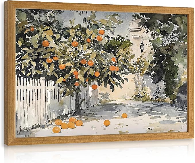 LLEEMPI Orange Tree Wall Art, Country Botanical Wall Decor, Vintage Fruit Canvas Painting, Rustic Farmhouse Poster Print for Kitchen Bathroom Bedroom Living Room Office Wood Framed 16x24 Inch
