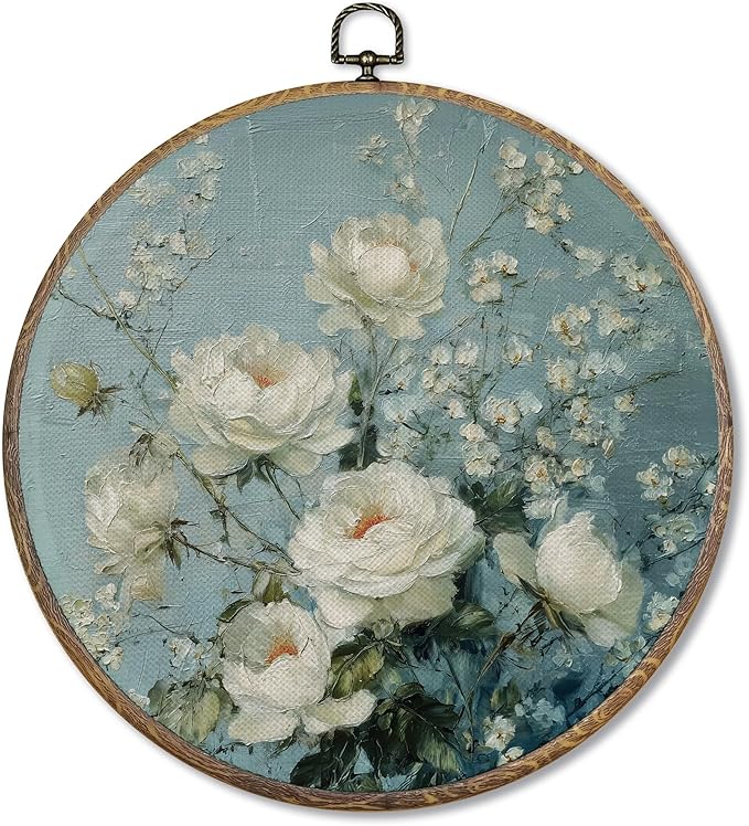FUGWN Vintage White Rose Floral Round Wall Art Decor Framed, Cottagecore Botanical Canvas Artwork Prints, Rustic Farmhouse Flower Wall Hanging Decorations for Home Bedroom Living Room, 10x10 Inch