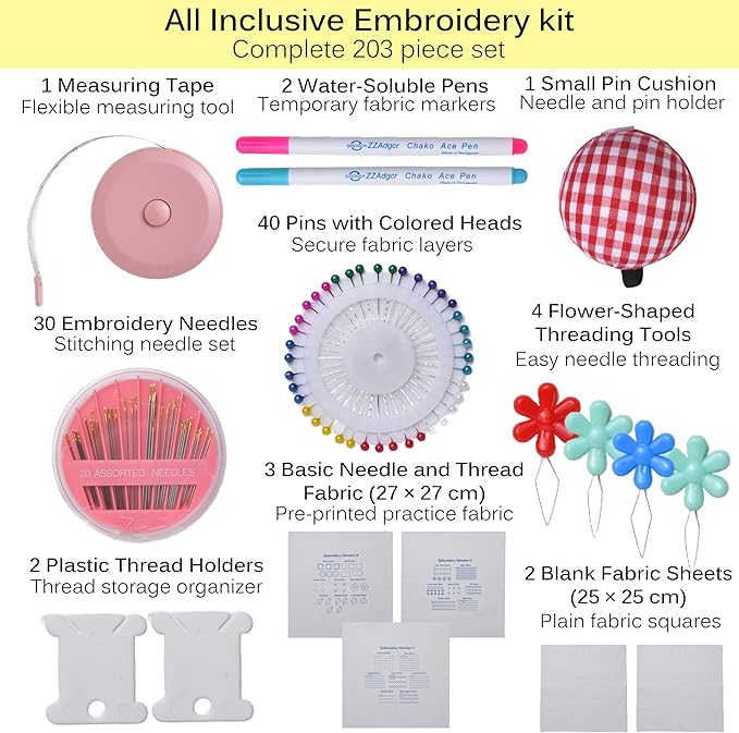 KEFF Craft Embroidery Kit for Beginners - 100 Embroidery Thread Colors, 4 Hoops, Scissors, Needles, Pins, Blank Fabrics & Tools – Cross Stitch Supplies, Cross Stitch Kits, Arts and Crafts for Adults