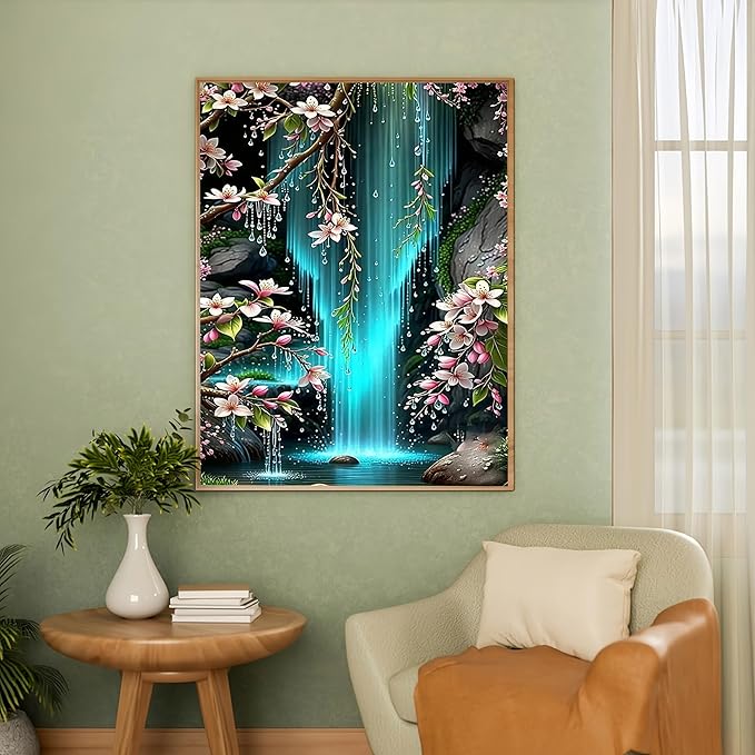 Diamond Art Kits for Adults Waterfall & Cherry Blossoms, DIY 5D Diamond Painting Kit for Beginners, Full Round Drill Gem Art Dots for Adults, Diamond Dots Paintings Crafts Home Wall Decor 12X16 Inch
