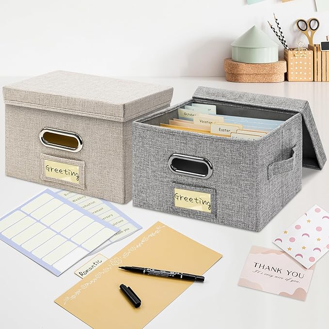 Greeting Card Organizer and Storage Box with 20 Pcs Adjustable Dividers, Storing Cards with 84 Pcs Labels Perfect for Storing Greeting Cards, Envelopes, Photos 2 Pack Beige