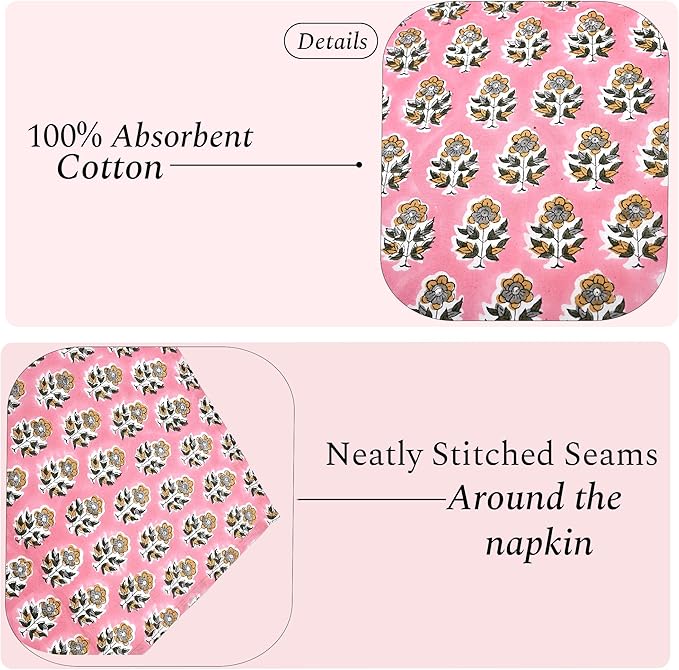 CPC Cloth Napkins 100% Cotton Set of 4 Reusable Napkins, Indian Block Print Toile Floral Dinner Napkin, Fall Thanksgiving Christmas Holiday Party Gift - Soft Absorbent Napkin, 18"x18" Poppy Pink