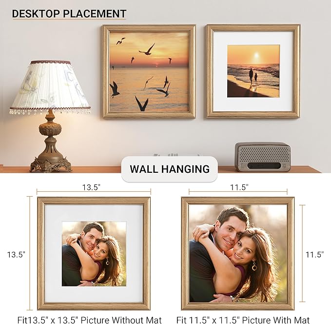 Heimlove 12x12 Picture Frame,12 x 12 Solid White Oak Square Photo Frame with Tempered Glass,12"x12" Handcrafted Wood Frame Matted to 8x8 Photos for Wall Hanging Photo Frame Art Photo and Prints,1 Pack