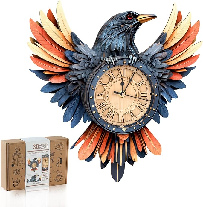 3D Wooden Puzzles for Adults,Raven Clock Model Kit with Pendulum,3D Wooden Puzzles Home Room Decor,Christmas Hobbies Crafts Gift Idea for Women Men Teens
