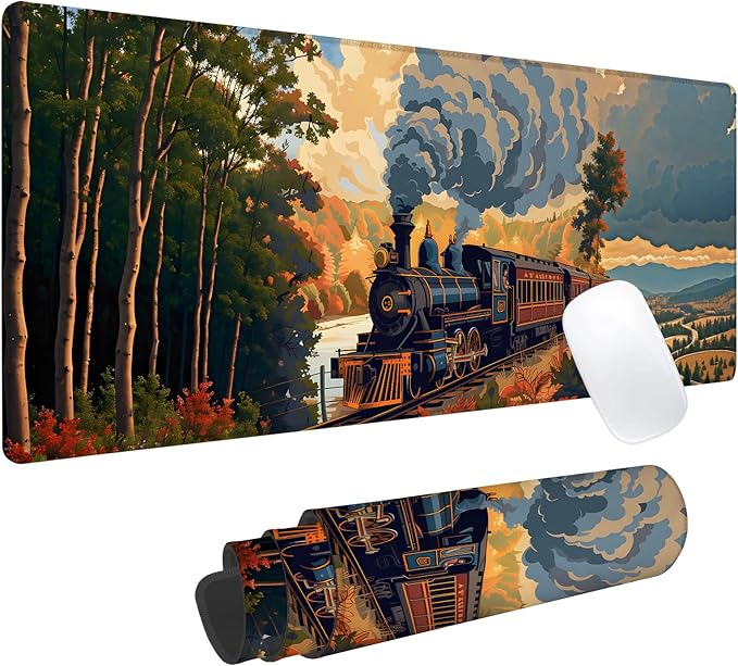Vintage Train Gaming Mouse Pad, Office Desk Mat, Anti-Slip Rubber Base Cool Aesthetic Mouse Pads for Computer Laptop Keyboard School Home Desktop Gamer Home Accessories Decor 31.5" x 11.8"