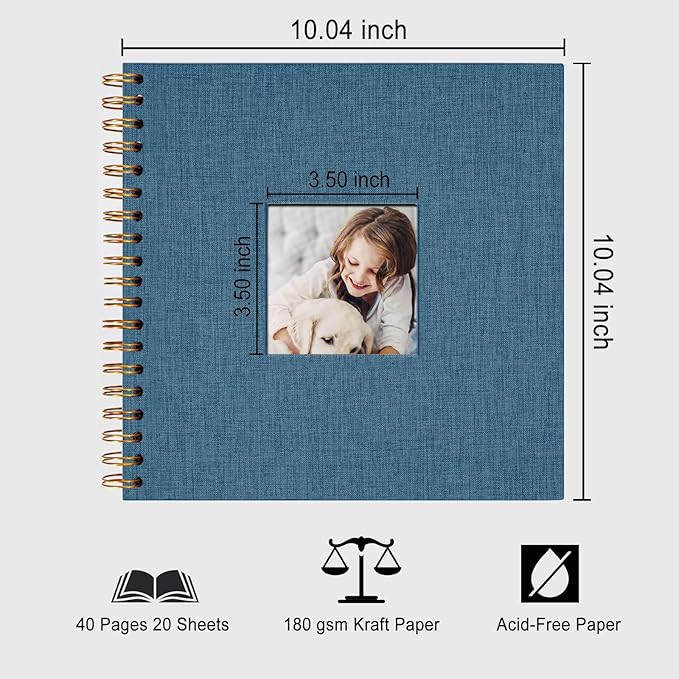 10 x 10 Inch Scrapbook Photo Album, DIY Memory Book Linen Cover for Photos, Hardcover Kraft White Pages Scrap Book Photo Albums for Travel, Wedding Anniversary Family Christmas Baby 40 Pages, Blue