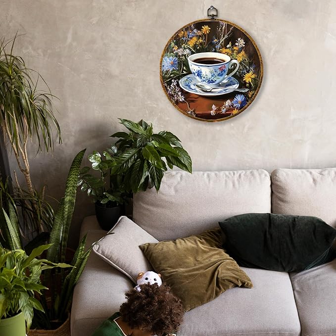 Hiuwevt Chinoiserie Floral Coffee Round Wall Art Decor, Blue and White Ceramic Coffee Cup Hanging Canvas Prints Artwork Framed, Retro Cottagecore Circular Wall Decor for Home Kitchen, 10x10 Inch