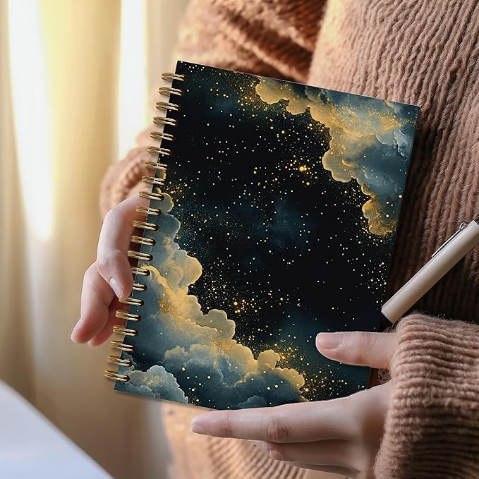 Moody Starry Night Sky Notebook, Dark Academia Witchy Gothic Journal, Fantasy Abstract Mystical Celestial Journal, Vintage Maximalist Blue Gold Galaxy Spiral Notebook, 5.5x8.3 Inch
