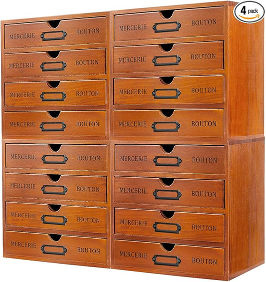 4-Pack Wooden Drawer Organizer Set – 16-Drawer Vintage Storage Box with Label Holders – for Desk, Office, Bedroom – Brown Pine Wood