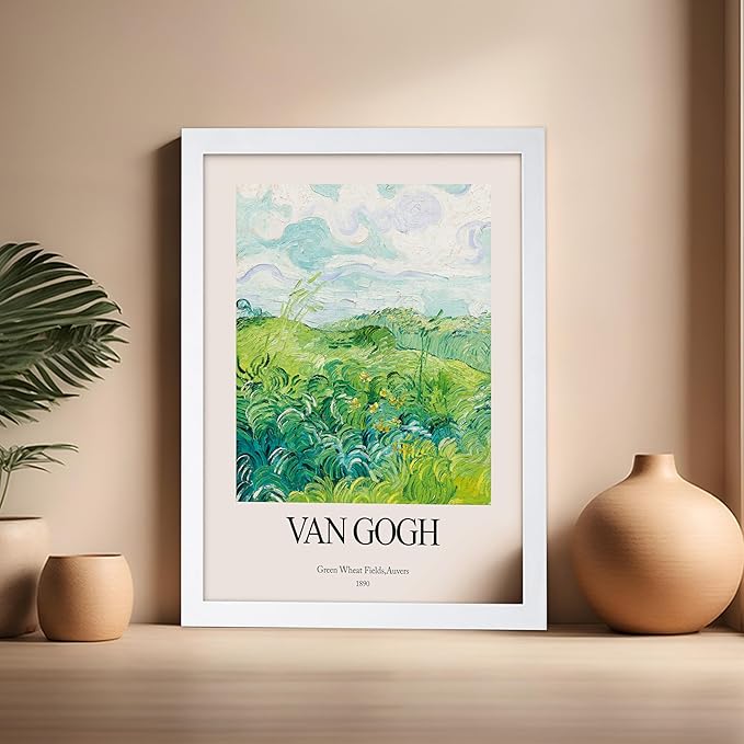 Monem Art Vintage Van Gogh Poster - Retro Impressionist Print - Green Wheat Fields, Auvers, Sky, Leaves, Landscape - Gift for Artist, Friend - Wall Decor for Home, Office, 16x20 White Framed
