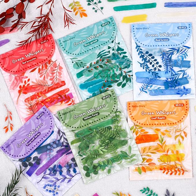 180 Pieces Botanical Colorful Watercolor Branches PET Stickers, 6 Pack Aesthetic Background Decorative Stickers for Scrapbooking, Journaling, Creative Journal Supplies and DIY Crafts