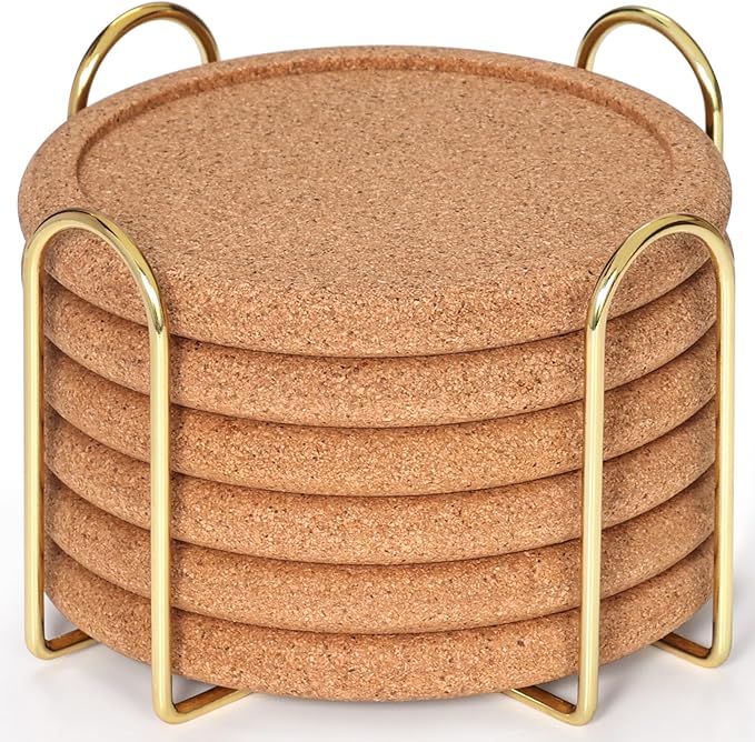 Cork Coasters for Drinks with Metal Holder, GOH DODD Absorbent Blank Coasters Tabletop Protection Home Decor for Housewarming Gifts Wedding Laser Engraving Wood Burning, Set of 6, Round, 4 Inch
