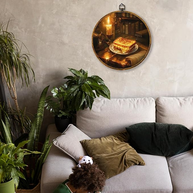Hiuwevt Vintage Moody Kitchen Round Wall Art Decor, Dark Academia Candlelight Bread Framed Canvas Prints, Retro Round Wall Hanging Decor for Kitchen Dining Room Decorations, 10x10 Inches