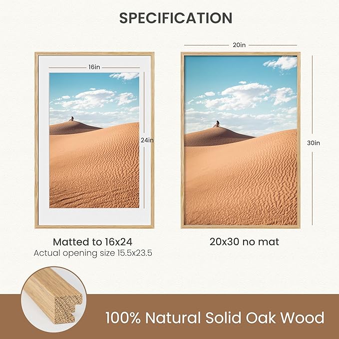 Dreamland Natural Oak Wood Picture Frame 20x30, Wooden Poster Frame with Mat for 16x24, 20 x 30 Matted Picture Frames with Tempered Real Glass for Wall Art Photo and Prints, Oak Color, Set of 1