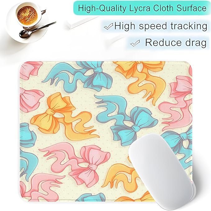 Seorsok Square Aesthetic Oversize Pink Yellow Blue Bows Mouse Mat,Premium Textured Mouse Pads for Office Laptop,Washable Square Mousepads with Extended Stitched Edges Non Slip Rubber Base,Beige