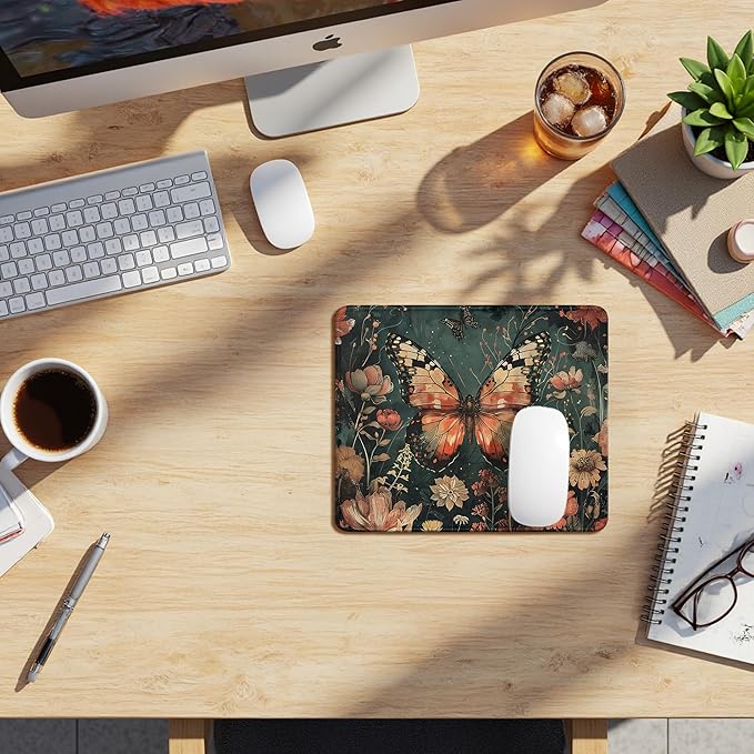 Moody Floral Butterfly Mouse Pad, Dark Contemporary Botanical Butterfly Mouse Pads Mousepad for Desk Home Office Dorm Laptop, Gothic Nature Office Supplies Desk Accessories, 9.5x7.9 Inch