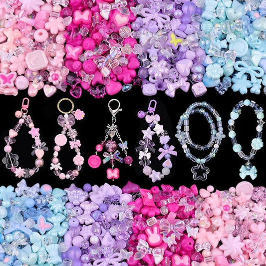 210-270PCS TINKRSTUFF Assorted Acrylic Beads,4 Mixed Colors Cute Beads for Bracelet Making, Bow Flower GummyBear Kawaii Charms, Aesthetic Bead for Necklace Keychain Jewelry Making DIY Phone Charm