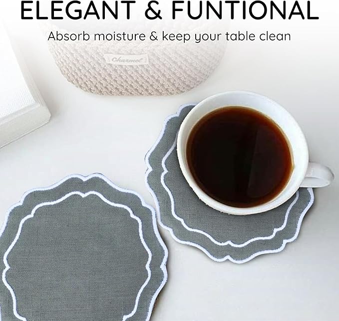 Drink Coasters Set of 6, 6x6 inch, Absorbent Linen Drink Mats with Scalloped Edge, Reusable Handmade Coffee Coasters for Home Decor & Tabletop Protection & Gift Giving (Sage)