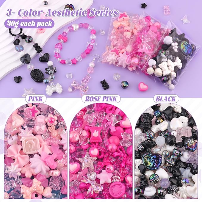 180-240PCS TINKRSTUFF Assorted Acrylic Beads 3 Mixed Series Cute Beads for Bracelet Making, Bow Aesthetic GummyBear Flower Butterfly Kawaii Charms for Jewelry Making DIY Necklace Keychain Phone Charm