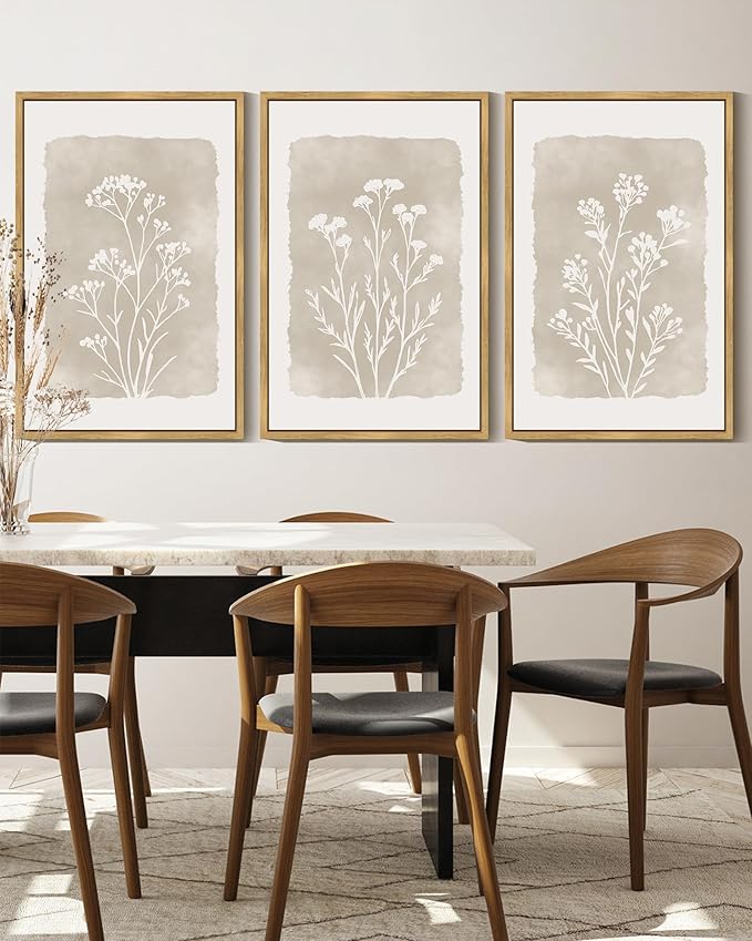 KUVIOKE Boho Botanical Flower Framed Wall Art Farmhouse Vintage Floral Wall Painting Rustic Wildflower Neutral Prints Artwork Home Decor 16x24in (Natural Framed)