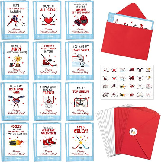 TICIAGA 72pcs Valentine’s Day Ice Hockey Greeting Cards with Envelop and Stickers for Kids, 4 x 6 IN Sporty Design Hockey Exchange Gift Cards for Boys Girls Classroom Supplies, Valentines Party Favors