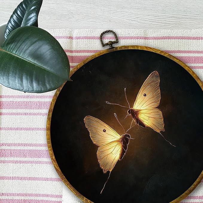 Mcehtle Vintage Butterfly Wall Art Decor, Dark Moody Cottagecore Moth Insect Framed Canvas Prints 10x10, Neutral Farmhouse Round Wall Hanging Artwork Decorations for Gallery Bedroom Living Room