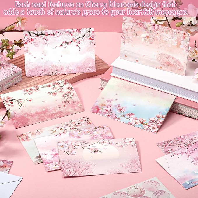 100 Pcs Cherry Blossoms Design Blank Greeting Cards 4x6, Blank Cards, 10 Designs, Great Stationary Set for All Occasions with Matching White Envelopes and Stickers