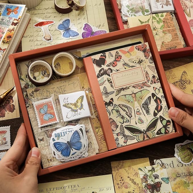 emmoolife Vintage Aesthetic Scrapbooking Supplies Kit, Butterfly Junk Journal Scrapbook Kit with Journaling Supplies, A6 Grid Notebook, Stationery, Birthday Craft Gift Set for Teen Girl Kid Women