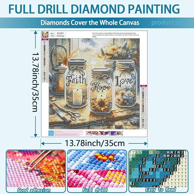 TOPMCYSG Faith,Hope,Love Diamond Art Kits for Adults,Inspirational 5D Diamond Painting Kits for Beginners,DIY Paint with Round Full Drill Diamond Dots Gem Painting for Adults,Home Decor 13.78x13.78 in