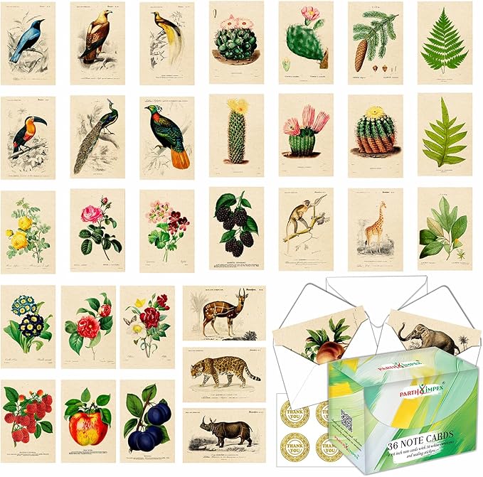 PARTH iMPEX 36 Blank Vintage Note Cards with Envelopes and Stickers – 4x6 Botanical Greeting Cards Bulk – Floral Birds Leaves Animal Retro All Occasion Thank You Cards for Personal Business Use
