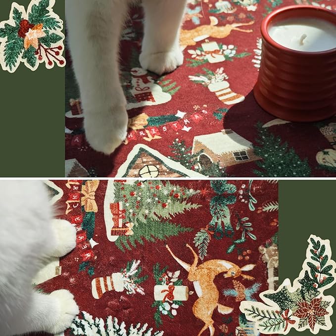 jinchan Christmas Rug 5x7 for Living Room Bedroom Maroon Holiday Decorative Rug for Dining Room Foyer Christmas Tree and Cabin Printed Xmas Decor Washable Non Slip Floor Carpet