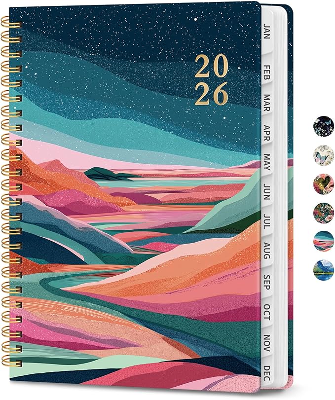 2026 Planner, Weekly and Monthly Planner for Women, January 2026 to December 2026, Pretty Hardcover 2026 Calendar Planner Book with Tabs, Inner Pocket, Spiral Bound, Perfect Office Home School Supplies - 6.3" x 8.5", Painted Horizon