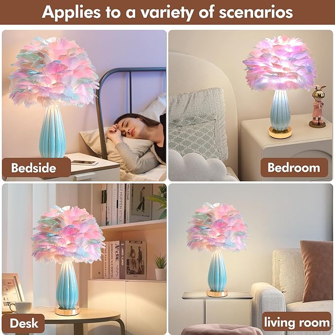 Colorful Feather Lamp Modern Furry Table Lamp Romantic Bedside Lamp Nordic Fluffy Princess Girl Nightstand Light for Bedroom Living Room Entry Office Wedding Decor Christmas Gift Prime